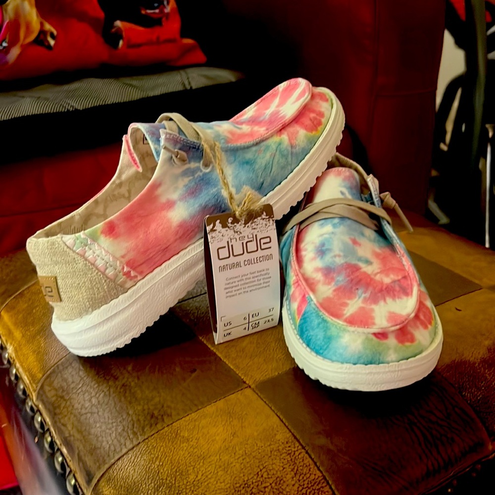Hey dudes for women size 6 brand new with tags! Tie-dyed, multicolored